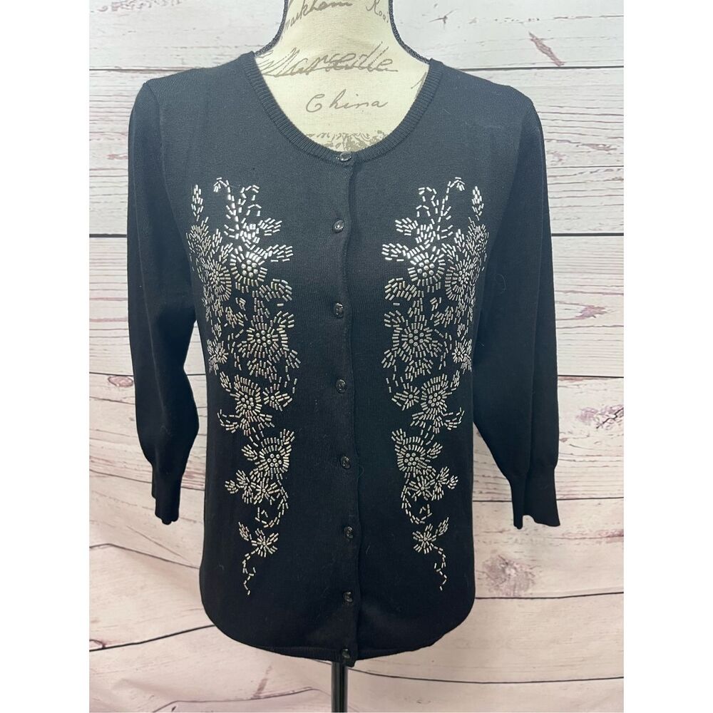 Covington medium black 3/4 sleeves cardigan with beautiful silver‎ bead design -